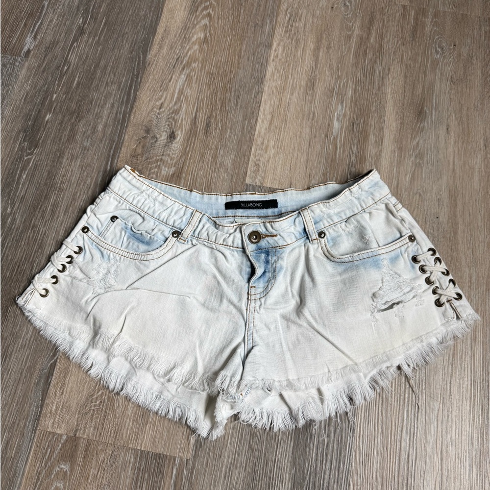 Billabong Light Blue and White Frayed Jean Shorts